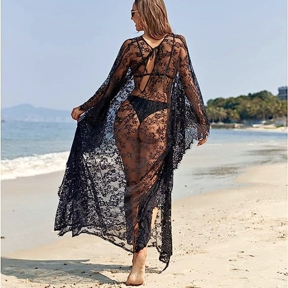 Sheer Sexy Black Lace Caftan Long Maxi Coverup Lingerie Dress Gothic Gown Kaftan - Picture 4 of 16